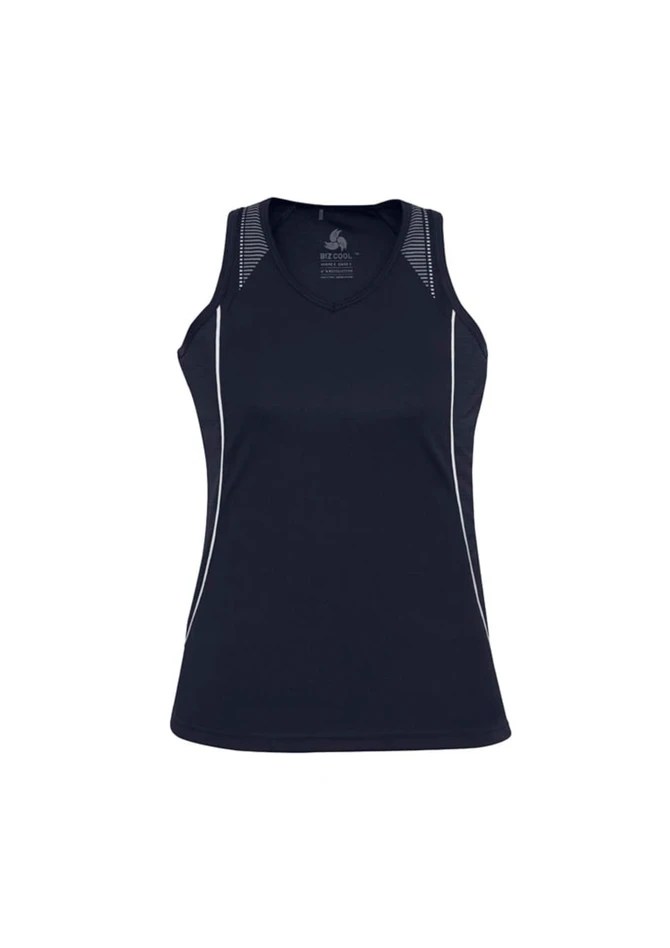A dark navy ladies singlet with a v-neck and white piping along the sides, featuring a logo on the front.