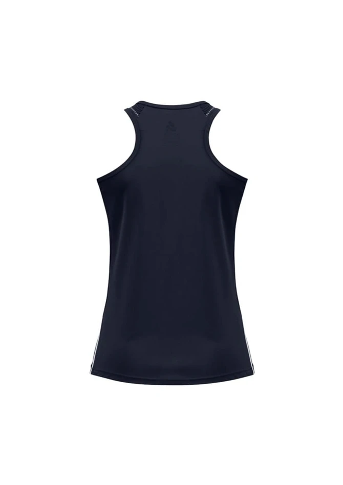 A navy tank top with a racerback design and an unobtrusive logo on the back.