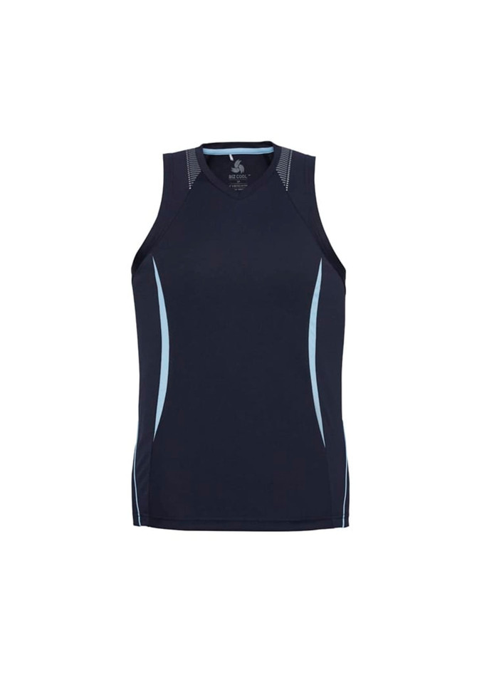 A dark navy men's razor singlet featuring light blue accents and a logo. Ideal for active wear.
