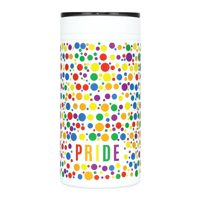 A drink bottle featuring a colourful polka dot design in rainbow colours with a white background and a black lid.
