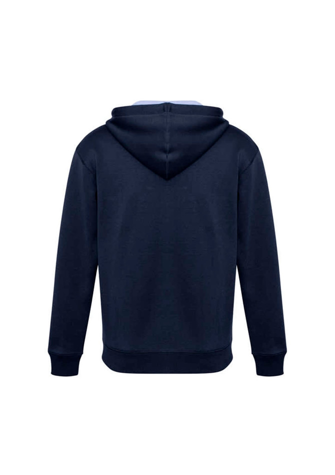 A dark navy hoodie featuring a kangaroo pocket and a hood, with a simple design and no visible logos.