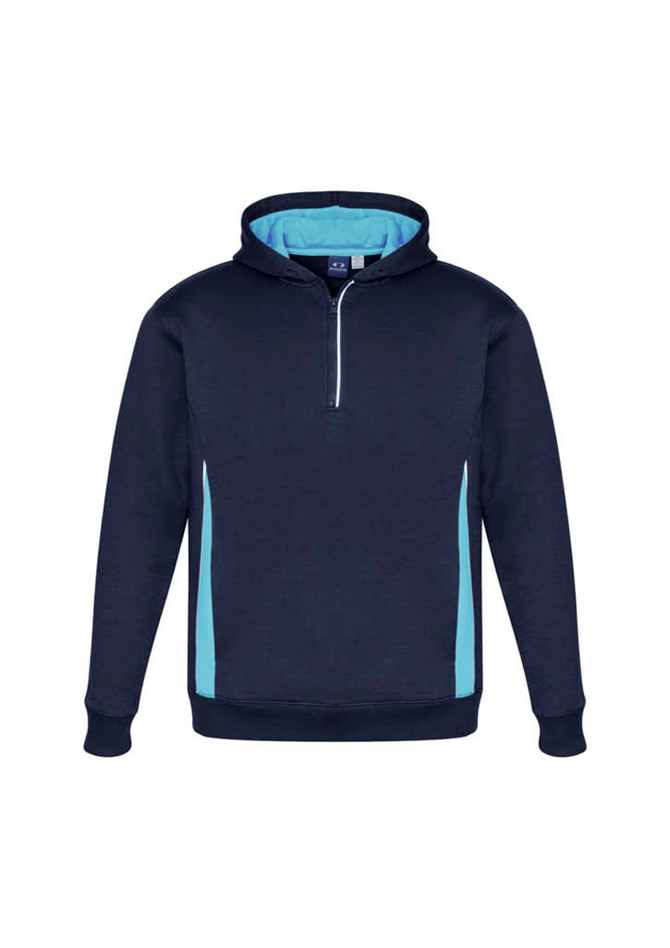 A navy hoodie with light blue accents and a zippered collar, featuring a logo on the front.