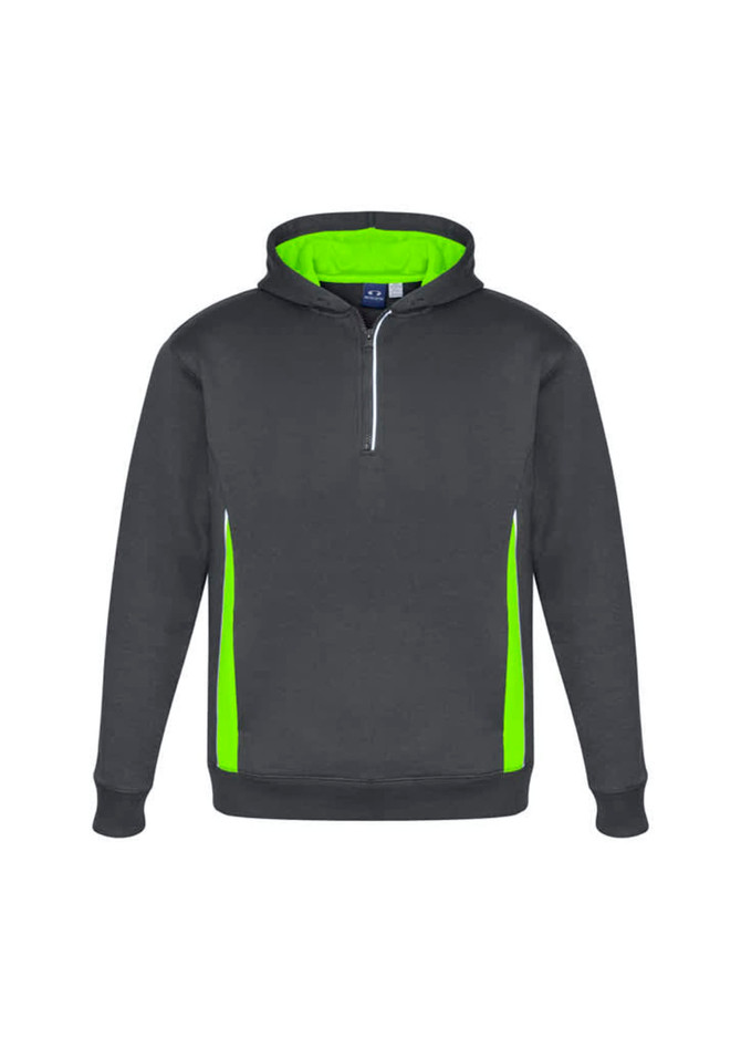 A hooded jumper in dark grey with bright lime green side panels and interior lining. It features a zippered collar and has a logo.