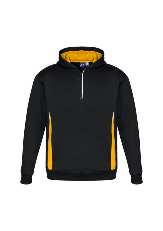 A black hoodie with yellow side panels and a zippered neck. It features a hood and has a logo on it.