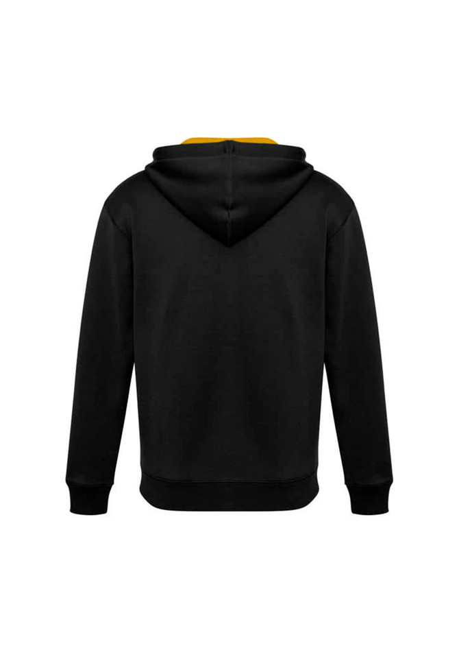A black hoodie with a yellow lining in the hood, featuring a logo on the garment.