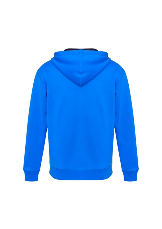 A blue hoodie with a black-lined hood, featuring a plain back and long sleeves.