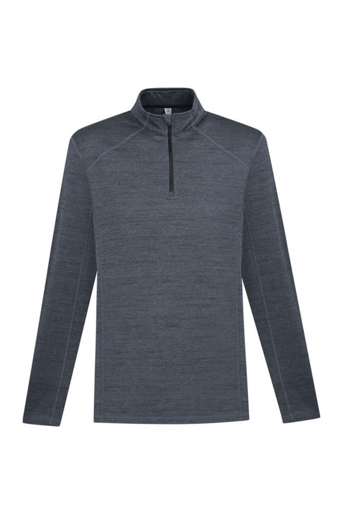 A grey zip-up jumper with long sleeves and a high collar, featuring a logo.