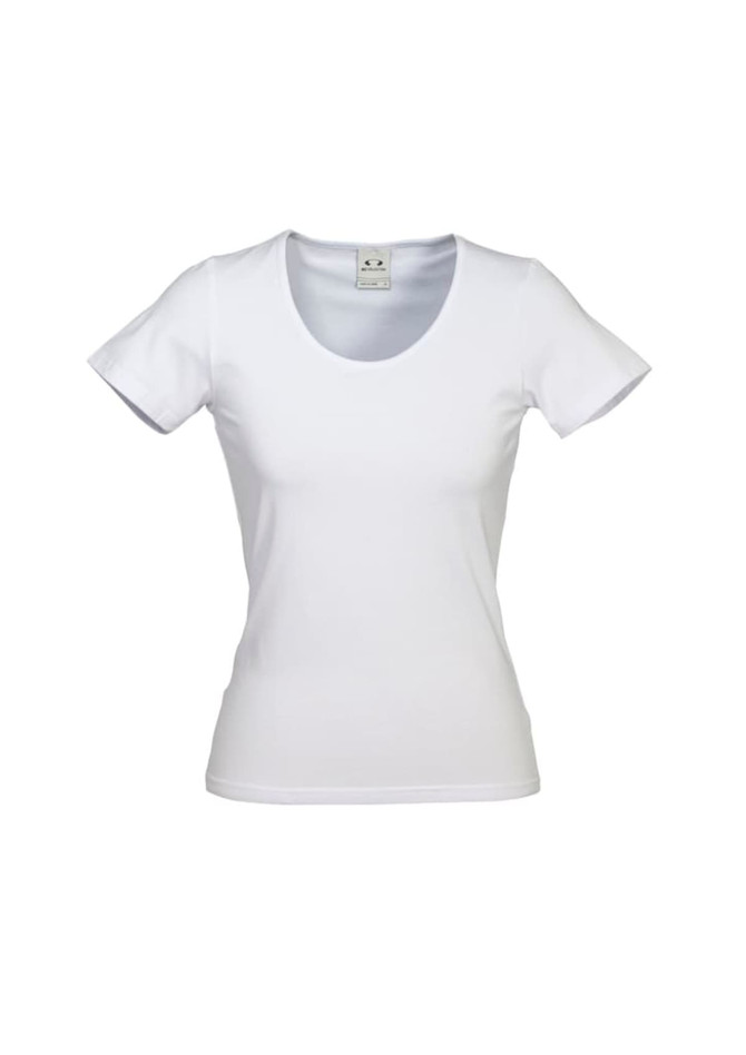 A white short-sleeved women's t-shirt with a scoop neckline. The shirt features a logo on the label.