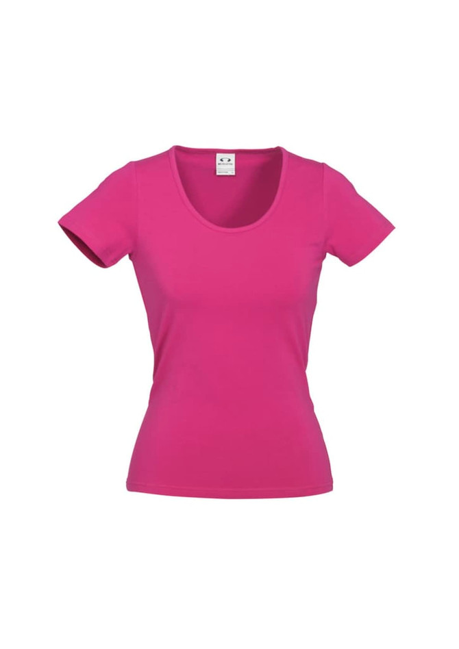 A short-sleeved, scoop neck t-shirt in bright pink, featuring a logo on the label.