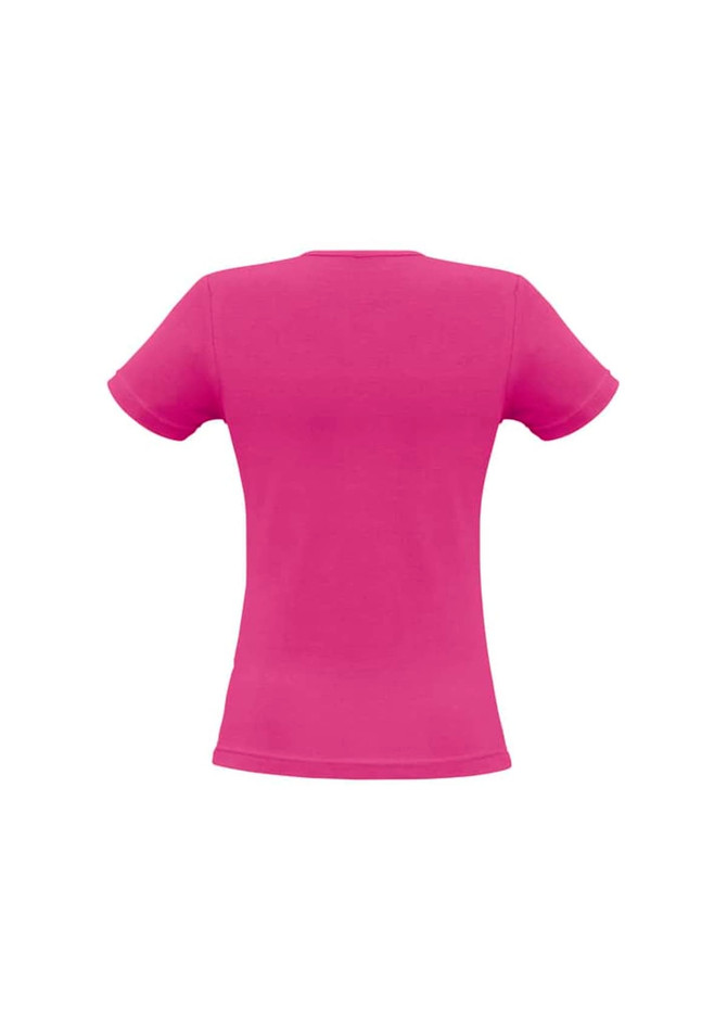 A pink women's t-shirt with short sleeves and a fitted design, featuring a logo on the back.