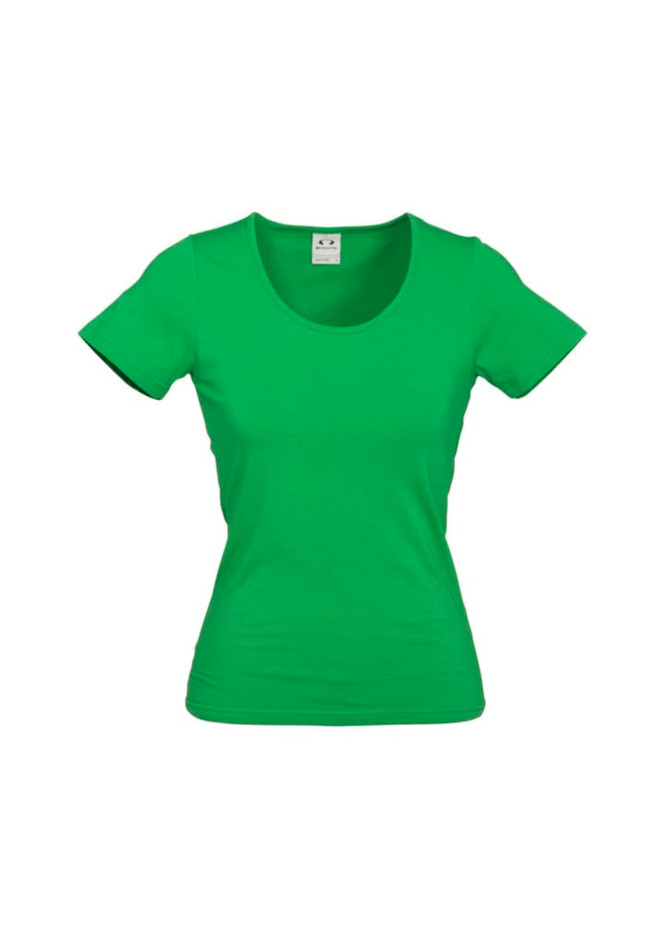 A green ladies' t-shirt with a scoop neckline and short sleeves. The shirt features a brand logo.