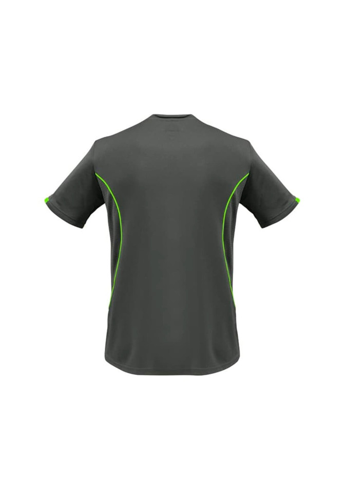 A dark grey t-shirt with green accents and short sleeves. It features a logo on the back.