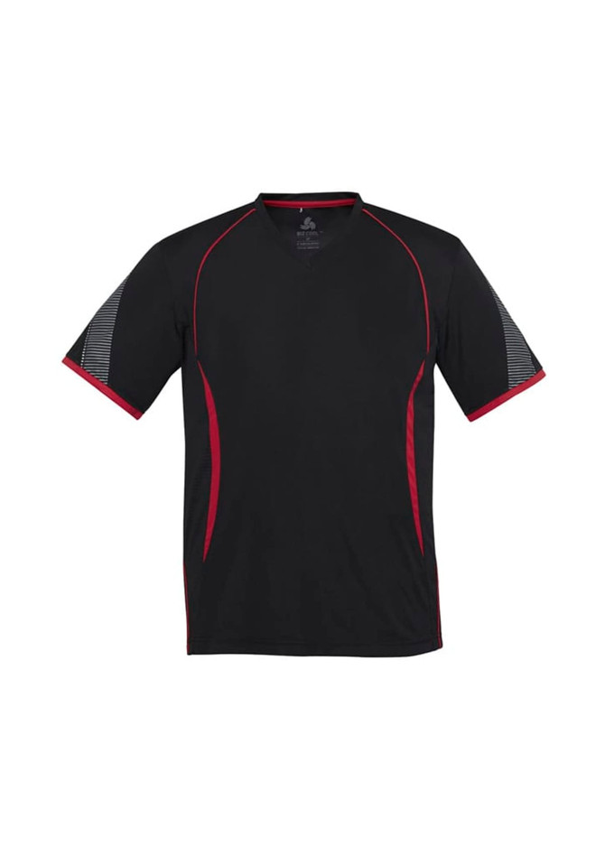 A black t-shirt with red accents and short sleeves, featuring a logo on the chest.