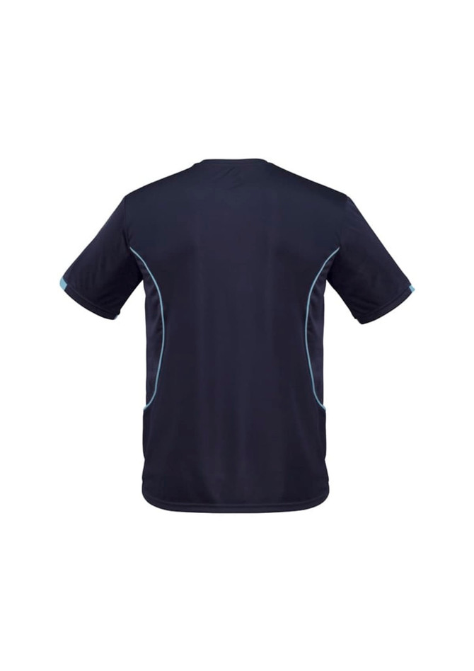 A black short-sleeved kids' T-shirt featuring blue accent stitching and a logo on the back.