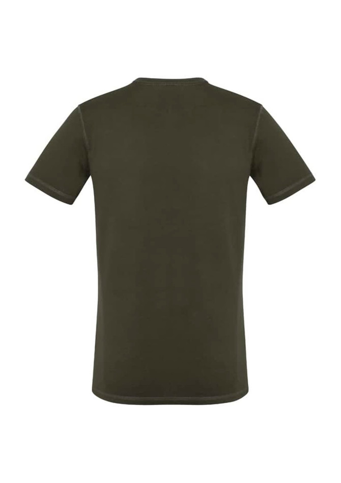 A green vintage t-shirt with short sleeves and a plain back. It features a logo on the neckline.