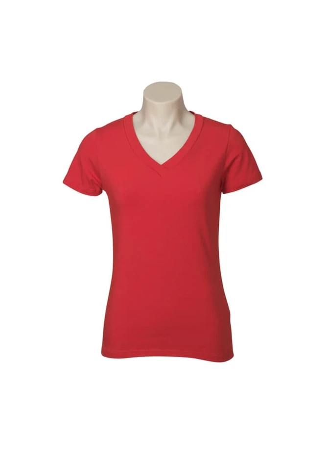 A red short sleeve tee with a V-neck design displayed on a mannequin. The shirt has a logo on it.