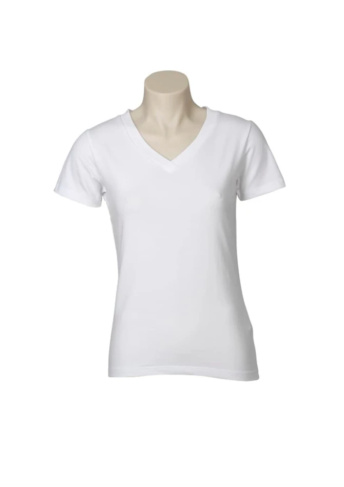 A white ladies' short sleeve tee featuring a V-neck design and a fitted silhouette. It has a logo displayed.