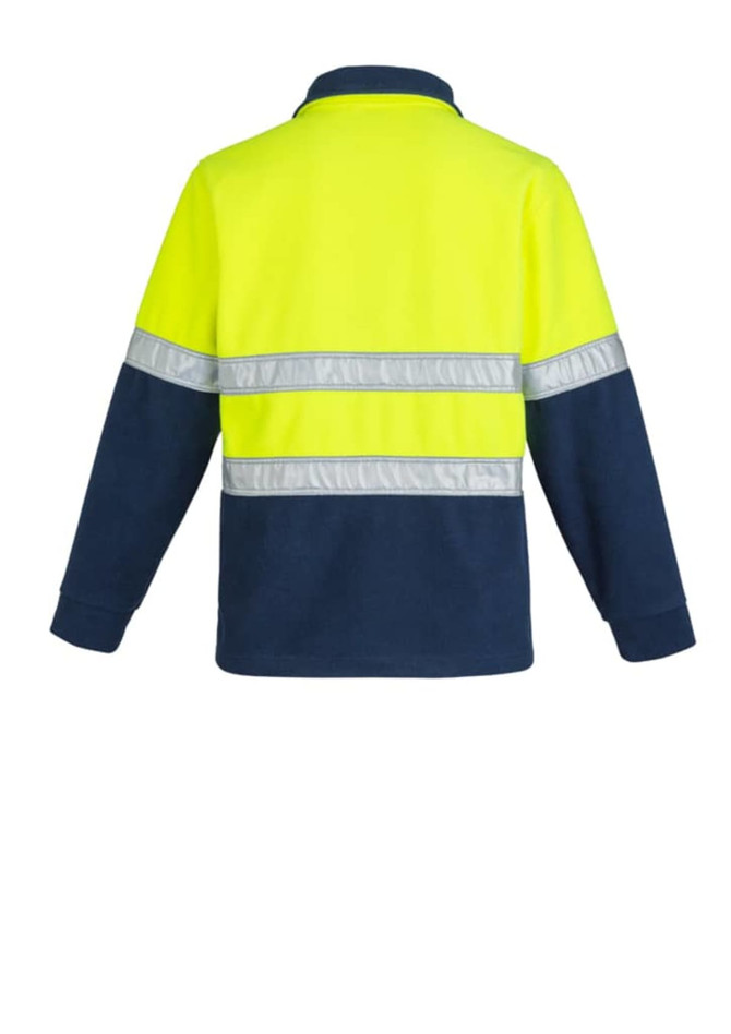 A unisex polar fleece pullover in high visibility yellow and navy, featuring hoop taped reflective stripes and a collar.