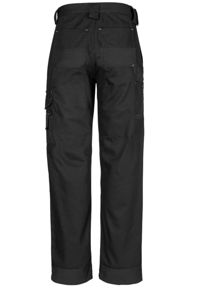 Men's black Cordura® Duckweave pants with multiple pockets and a sturdy design, featuring a logo on the back.