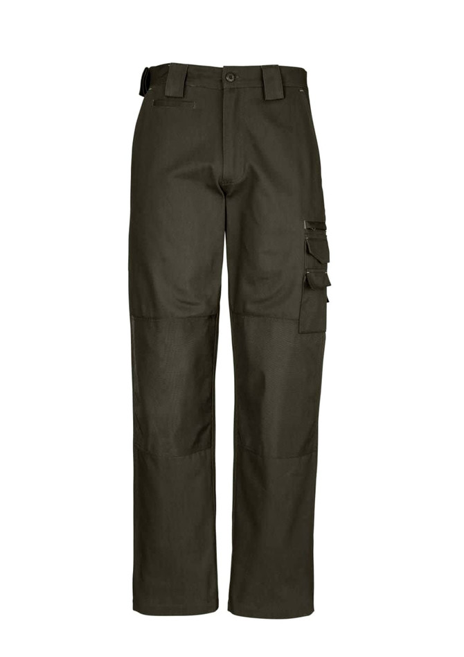 Men's work pants in dark green, featuring multiple pockets and a sturdy design. Includes a logo on the waistband.