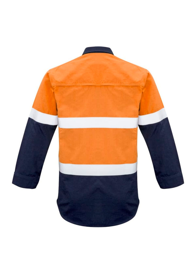 A hi-vis work shirt featuring red and navy colours with white hoop tape across the chest and arms.