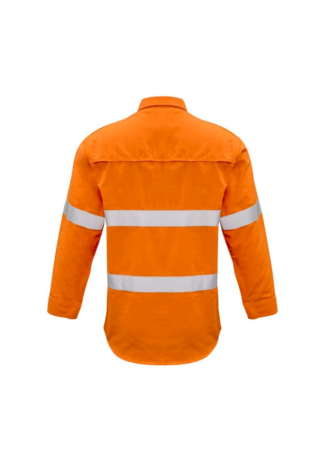 An orange work shirt featuring reflective hooped tape detailing across the sleeves and back.