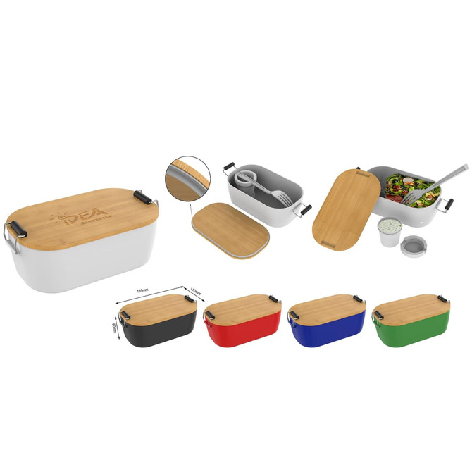 A salad box with a bamboo lid, available in white, black, red, blue, and green, includes utensils and a dressing container.