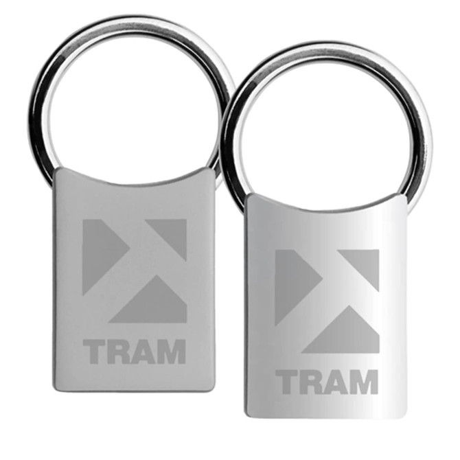 A silver key ring featuring a rectangular shape with a logo design. It has a shiny finish and a metal ring.
