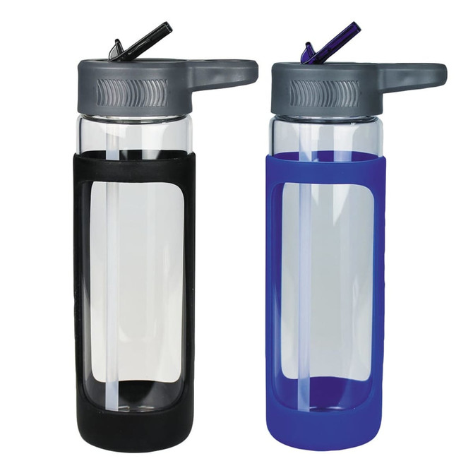 A drink bottle set featuring two styles: one with a black silicone cover and one with a blue silicone cover. Both have a logo.