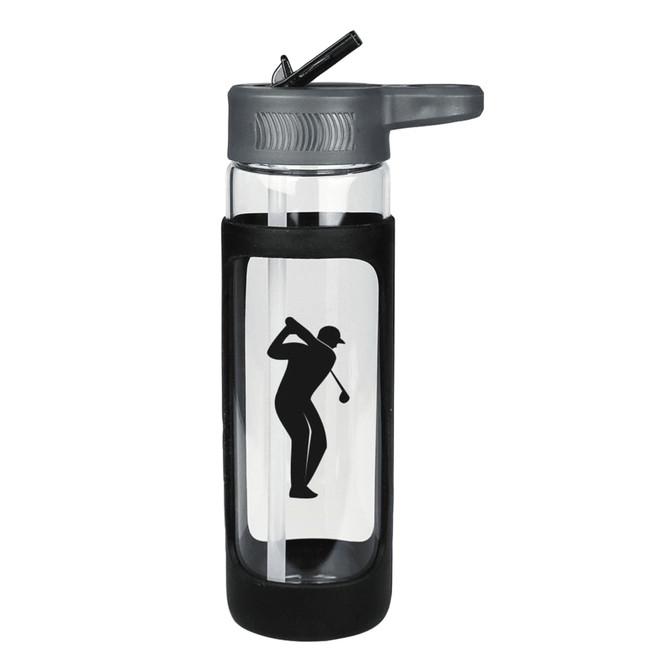 A drink bottle featuring a clear glass body, grey silicone cover, and a golf-themed design.