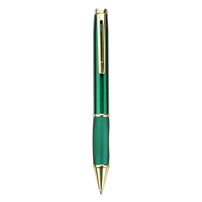 A green metal pen with gold accents and a clip, featuring a sleek design and shiny finish.