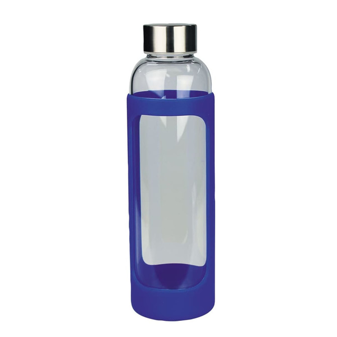 A drink bottle made of clear glass with a blue silicone cover, featuring a silver metal lid.