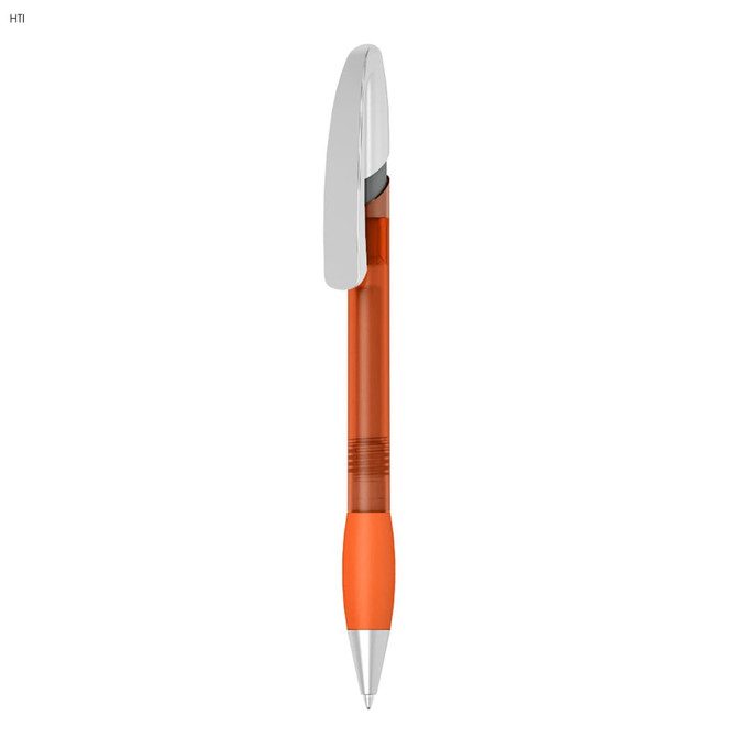 An orange and transparent plastic pen with a silver clip and a silver tip. It features a logo on the barrel.