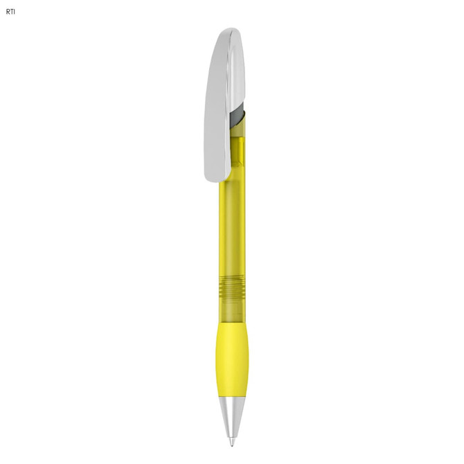 A plastic pen with a transparent yellow barrel, silver clip, and yellow grip. It features a logo on the barrel.