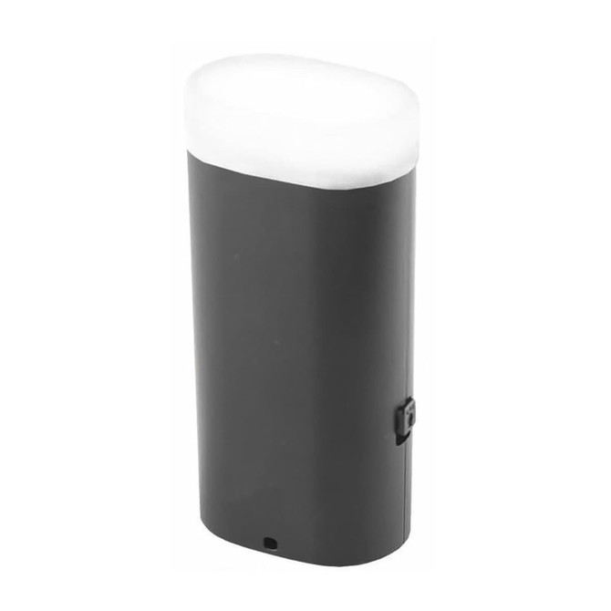 A black power bank with a white top, featuring a logo and a button on the side.
