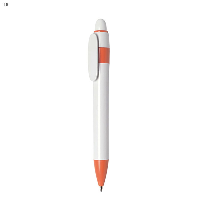A plastic pen with a white body and orange accents, featuring a clip and a rounded tip. Includes a logo.