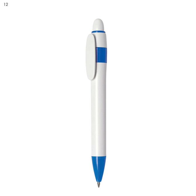 A plastic pen featuring a white body with blue accents, plus a clip and a rounded top. Branded logo visible.