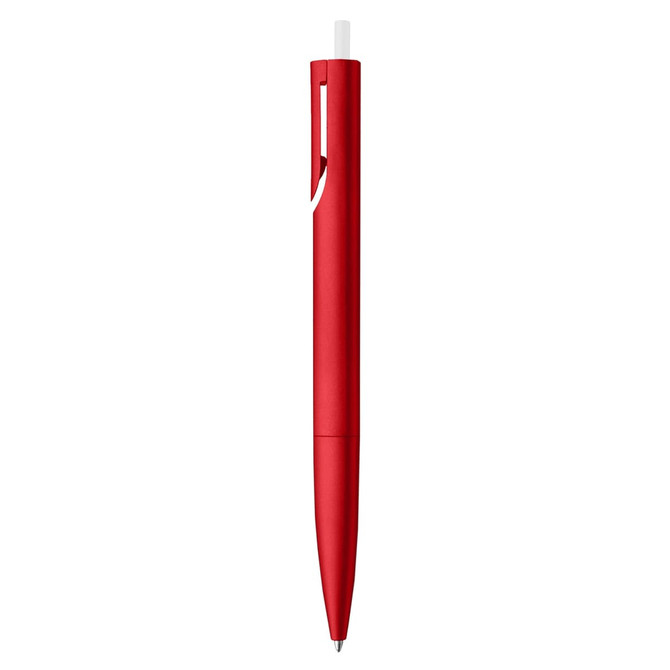 A red plastic pen featuring a sleek design and a white clip, with a logo on its body.
