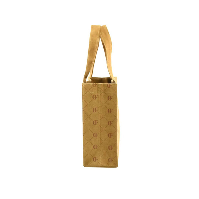 A tan tote bag with two handles, featuring a repeating logo pattern on the surface.