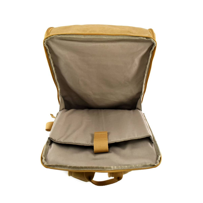 A tan backpack with a spacious interior and a single compartment, featuring a logo on the front.