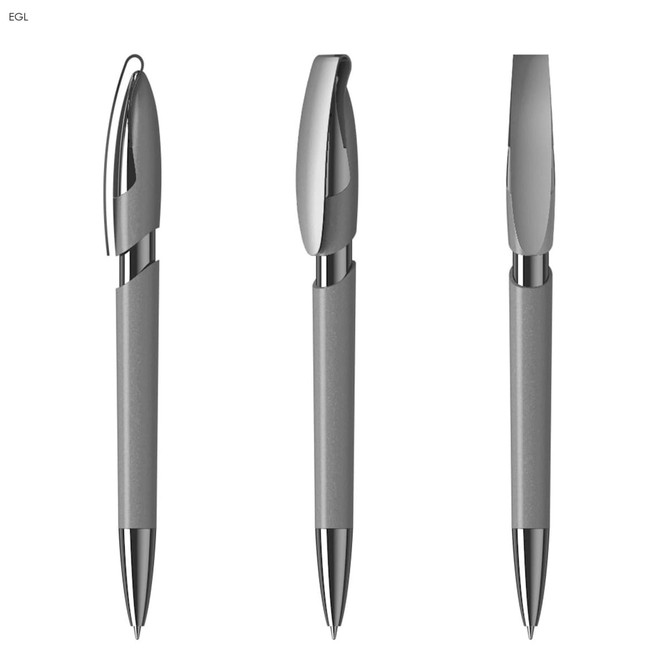 A set of three metallic grey plastic pens with sleek designs and silver accents. Each pen has a clip and a smooth barrel.