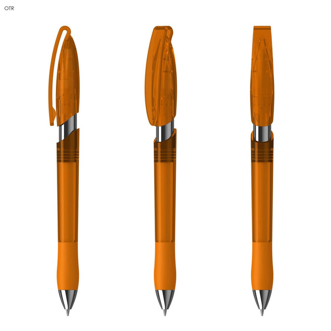 An orange plastic pen with a transparent design and metallic accents. The pen features a clip and a rounded end.