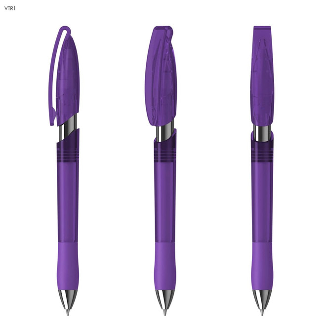 A set of three transparent purple plastic pens with silver accents and caps featuring a logo.
