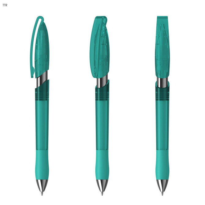 A set of transparent turquoise plastic pens with silver accents, featuring clip caps and smooth grips.