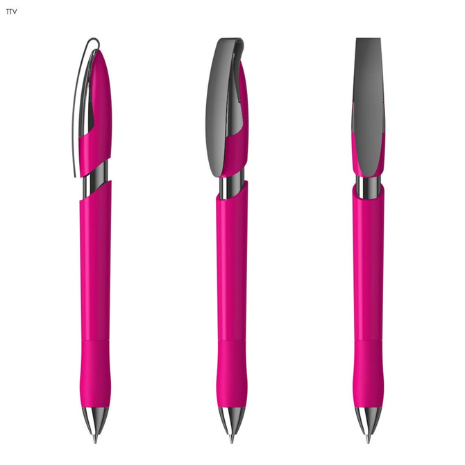 A pink plastic pen with a sleek design featuring a silver clip and tip, showcased from three angles.