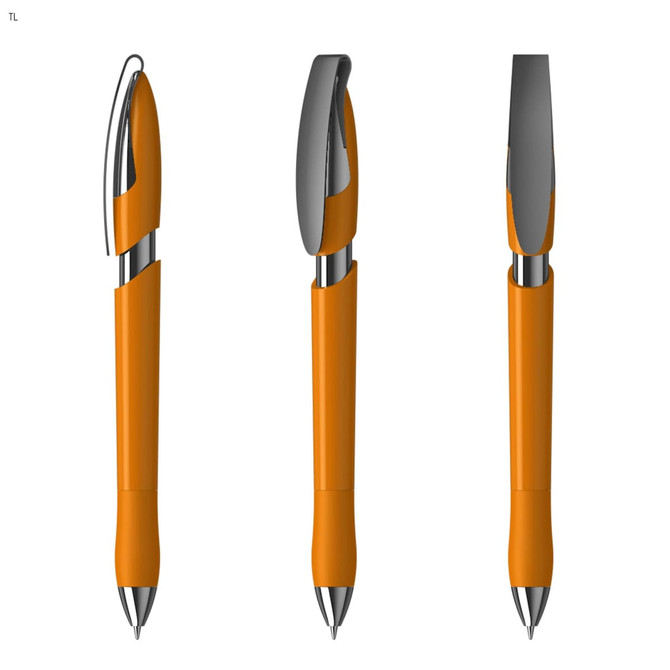 An orange plastic pen with a chrome clip and tip, showcasing multiple angles of its design.