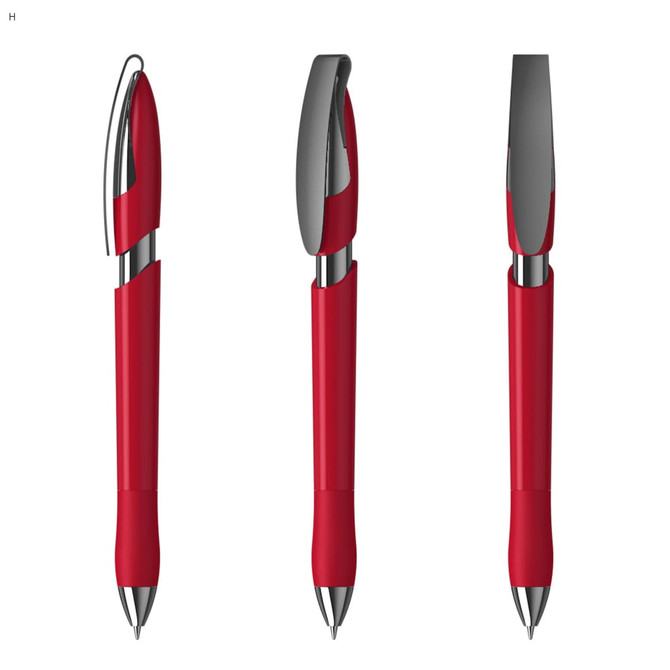 A red plastic pen with a sleek design and a silver clip, featuring a logo on the barrel.
