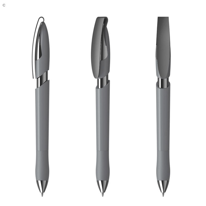 A set of three grey plastic pens featuring a sleek design and metallic accents, with one showing the clip.