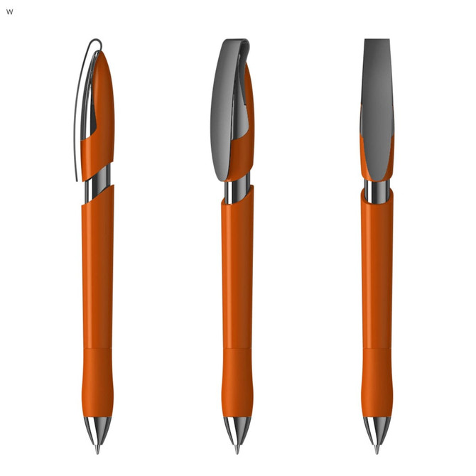 An orange plastic pen with a metallic clip and tip, displayed from three different angles.