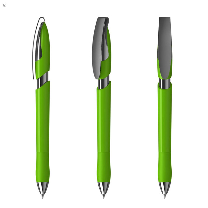 A green plastic pen with chrome accents, featuring a clip and a push mechanism. It has a logo on it.